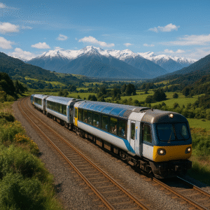 A scenic passenger train with panoramic windows travels through lush green hills in New Zealand, with snow-capped Southern Alps in the background under a clear blue sky.