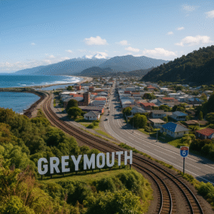 A scenic aerial view of Greymouth, New Zealand, showing the coastal town framed by lush green hills, the Tasman Sea, curved railway tracks, and the distant snow-capped Southern Alps.